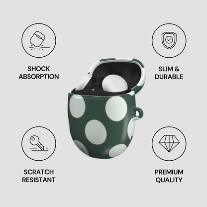 Green polka dot case with product inside, surrounded by icons and text highlighting features on a light gray background.