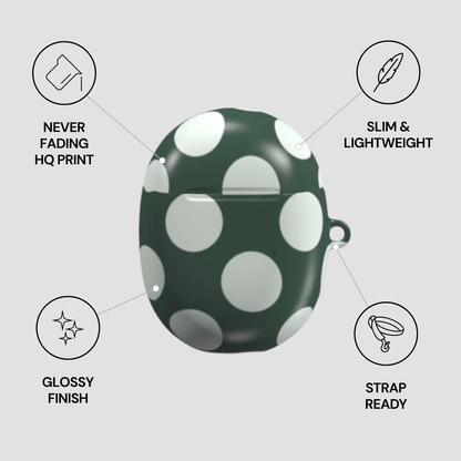 Green case with white polka dots on a gray background with feature icons.