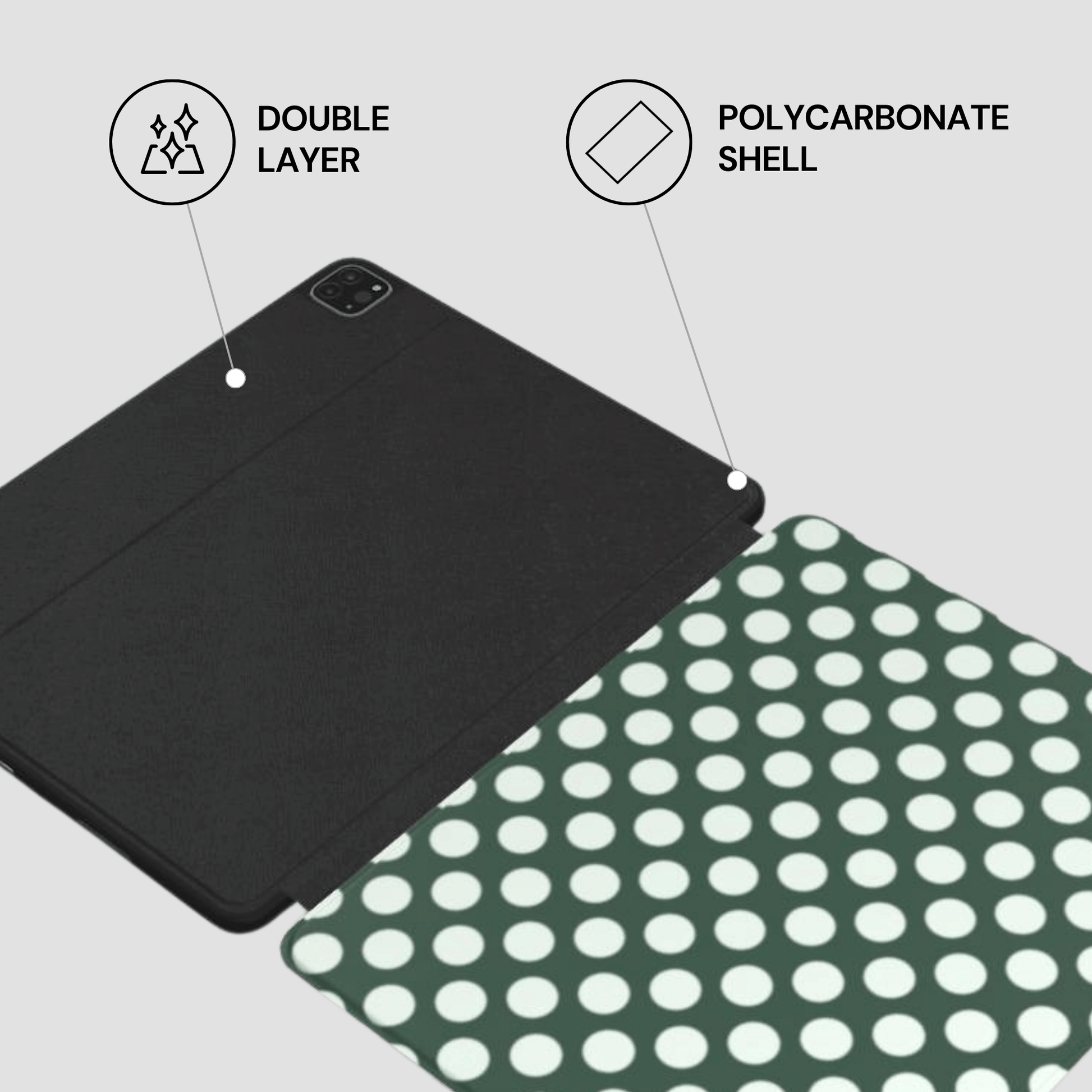 Black tablet case with polycarbonate shell and double layer feature on a green and white polka dot background.