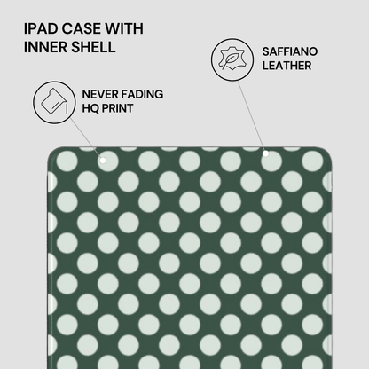 Green and white polka dot pattern on a gray background with text about an iPad case.