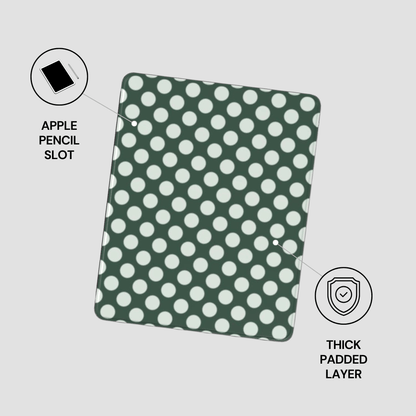 Green case with white polka dots featuring an Apple Pencil slot and thick padded layer on a light gray background.