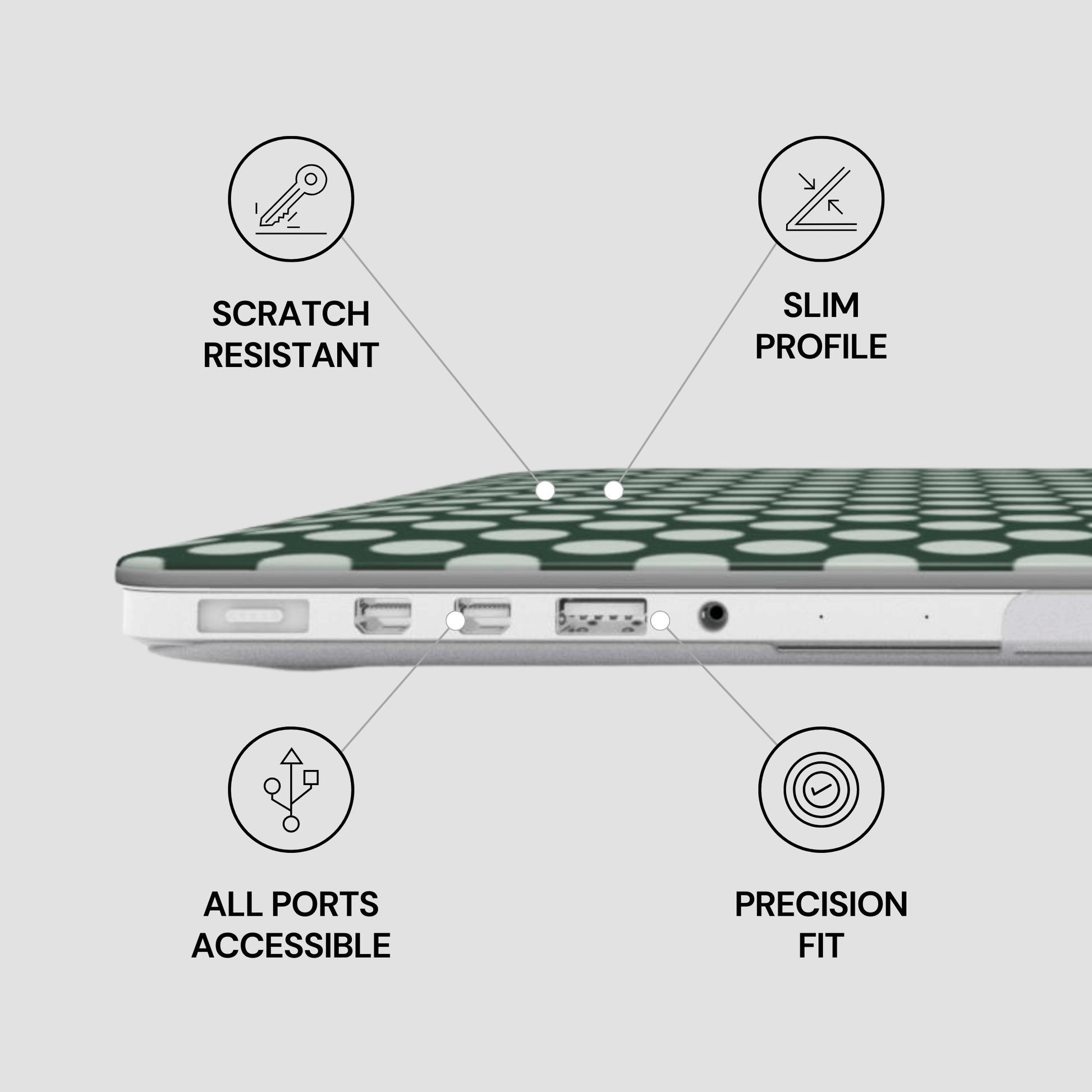 Laptop with green honeycomb design on a white background, featuring text labels about features.