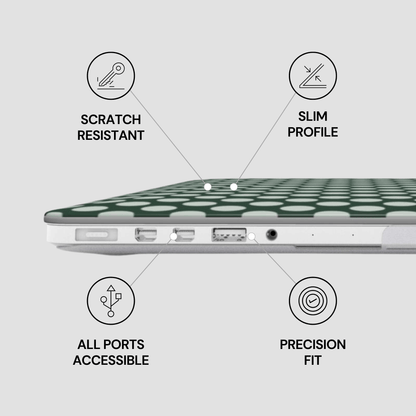 Laptop with green honeycomb design on a white background, featuring text labels about features.
