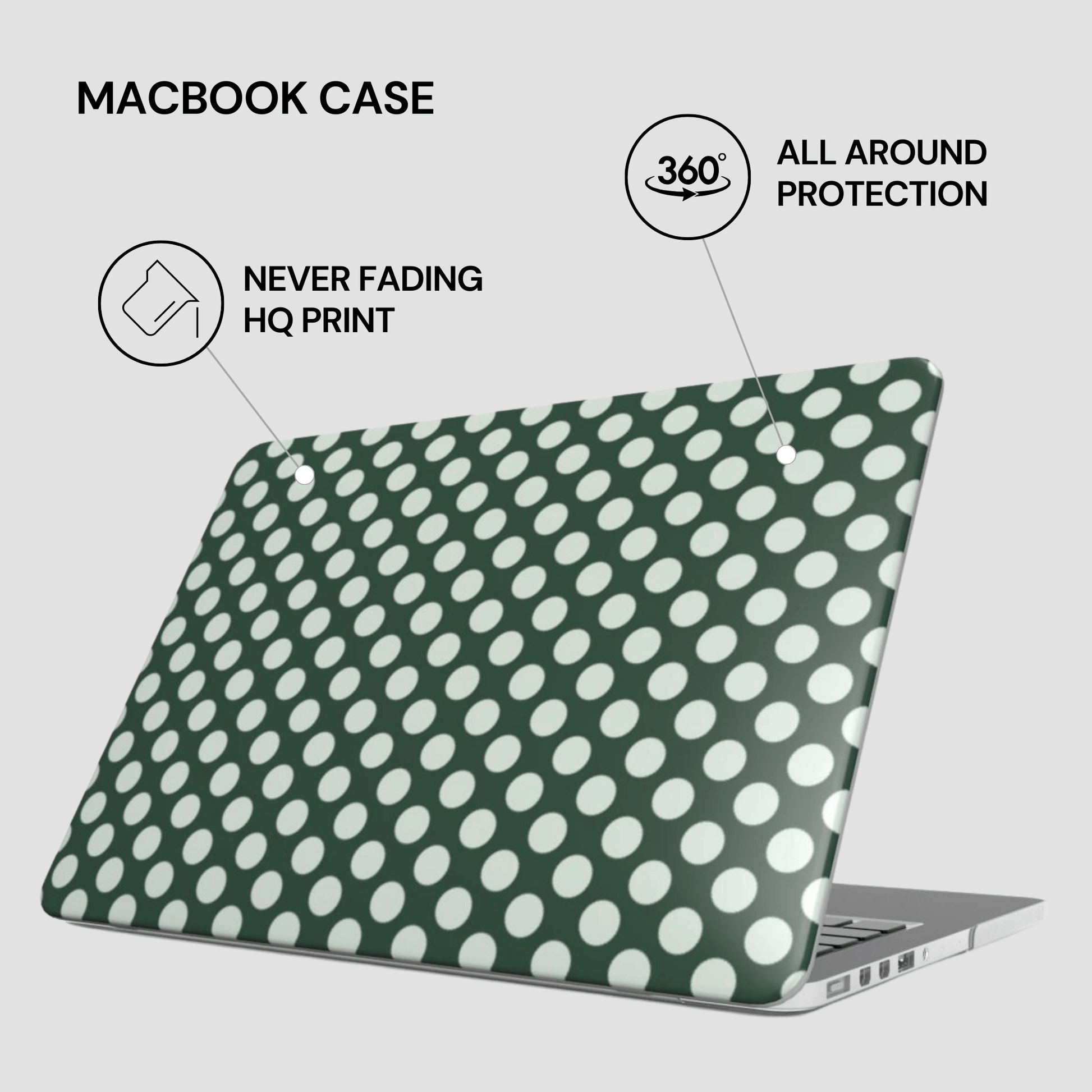 Green polka dot MacBook case with text highlighting features on a white background