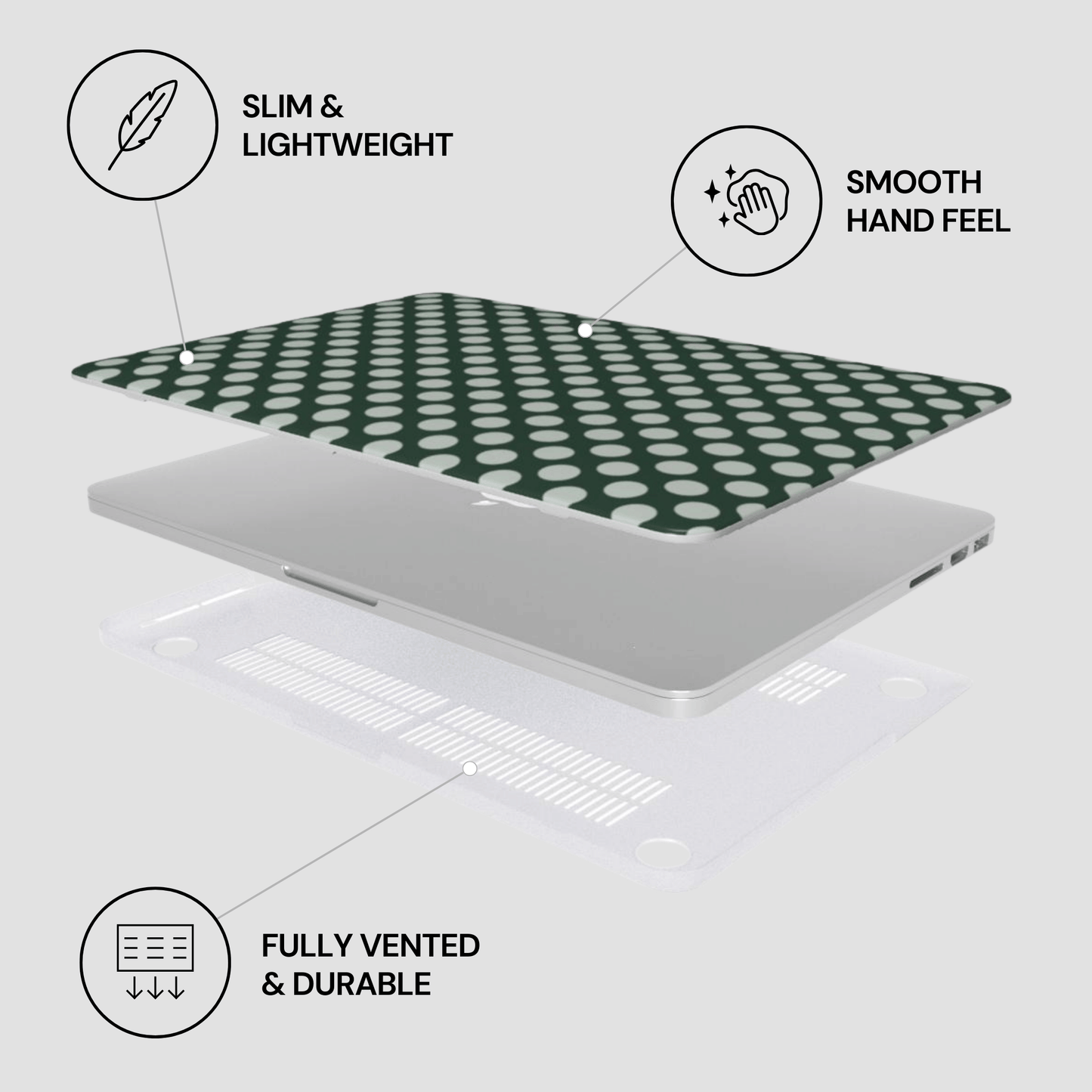 Laptop with a green and white patterned cover on a light gray background, featuring icons and text about product features.