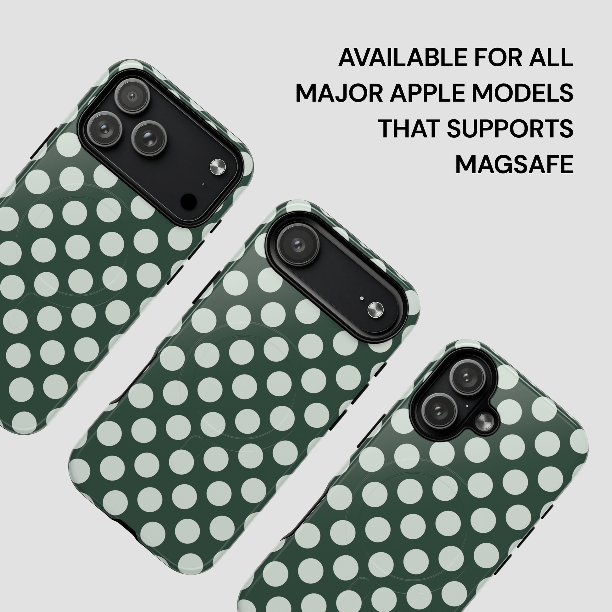 Green phone case with white polka dots on a light gray background