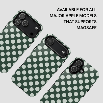 Green phone case with white polka dots on a light gray background
