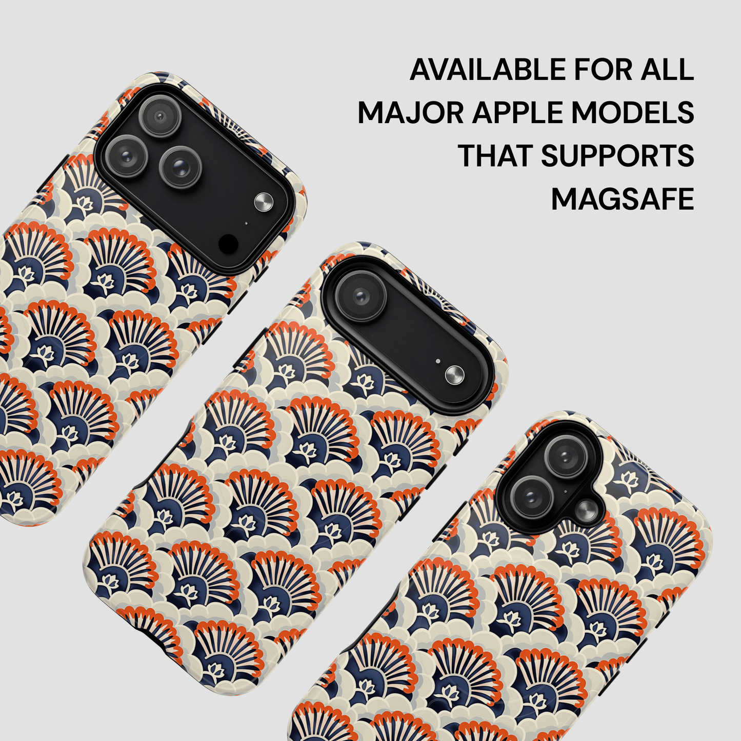 Phone cases with a geometric pattern on a white background, featuring text about compatibility with Apple models.