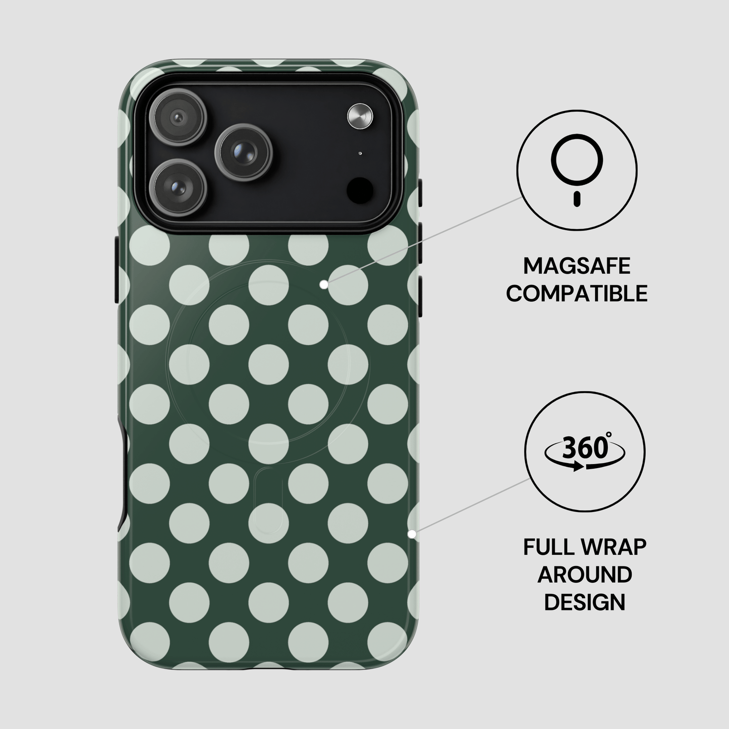 Green phone case with white polka dots on a gray background