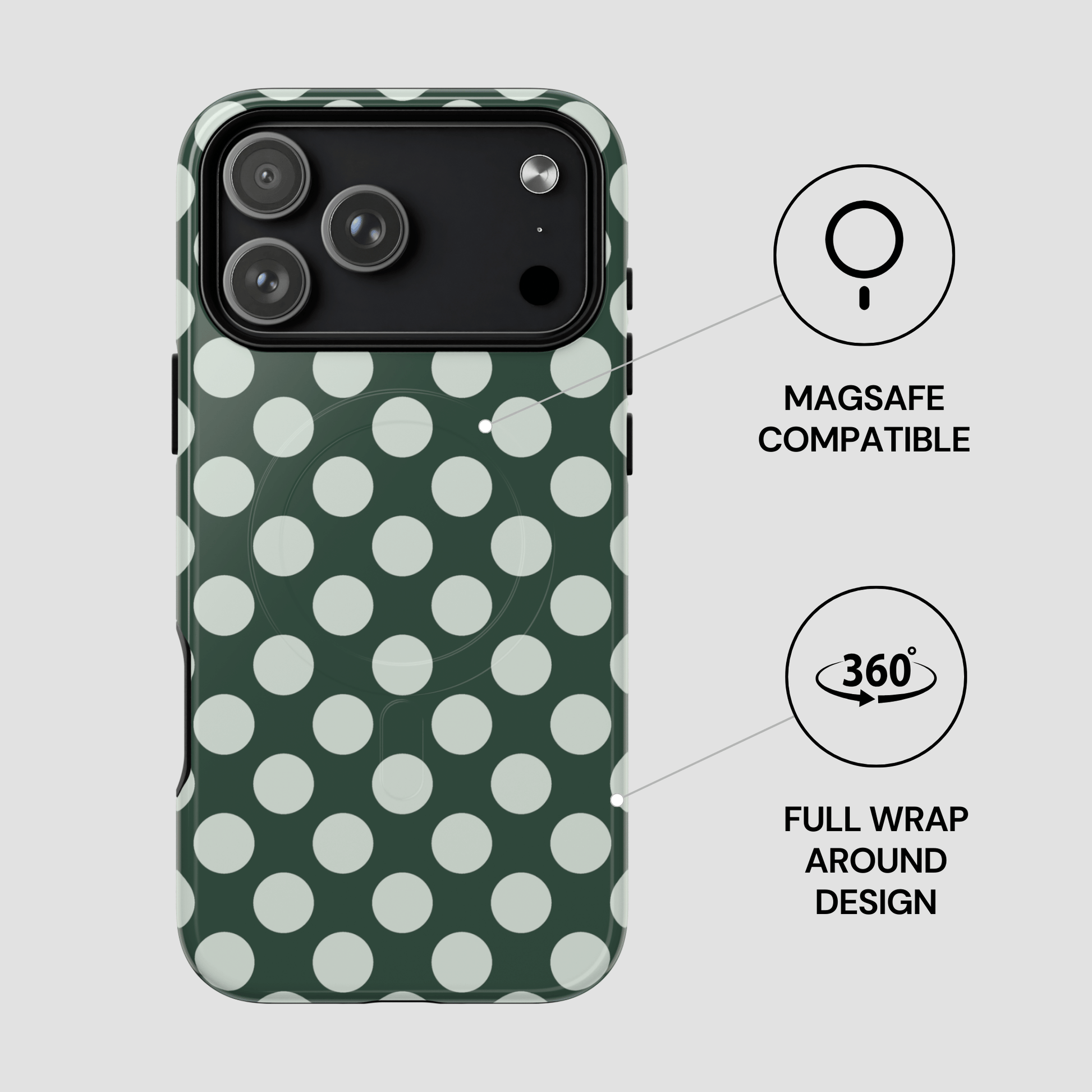Green phone case with white polka dots on a gray background
