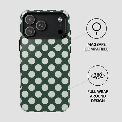 Green phone case with white polka dots on a gray background
