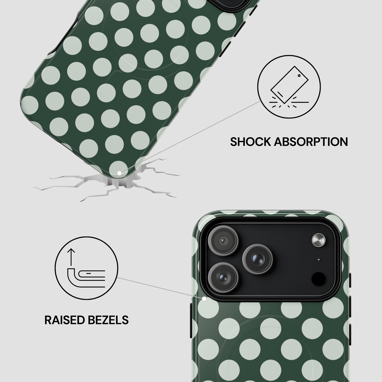Green phone case with white polka dots featuring shock absorption and raised bezels text on a light gray background.