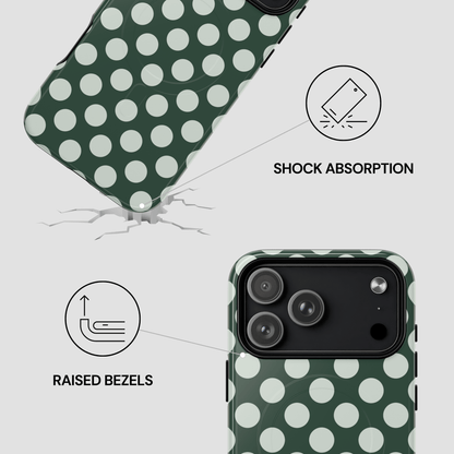 Green phone case with white polka dots featuring shock absorption and raised bezels text on a light gray background.