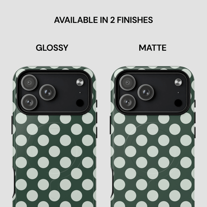 Two phone cases with green and white polka dot pattern, labeled 'Glossy' and 'Matte'.
