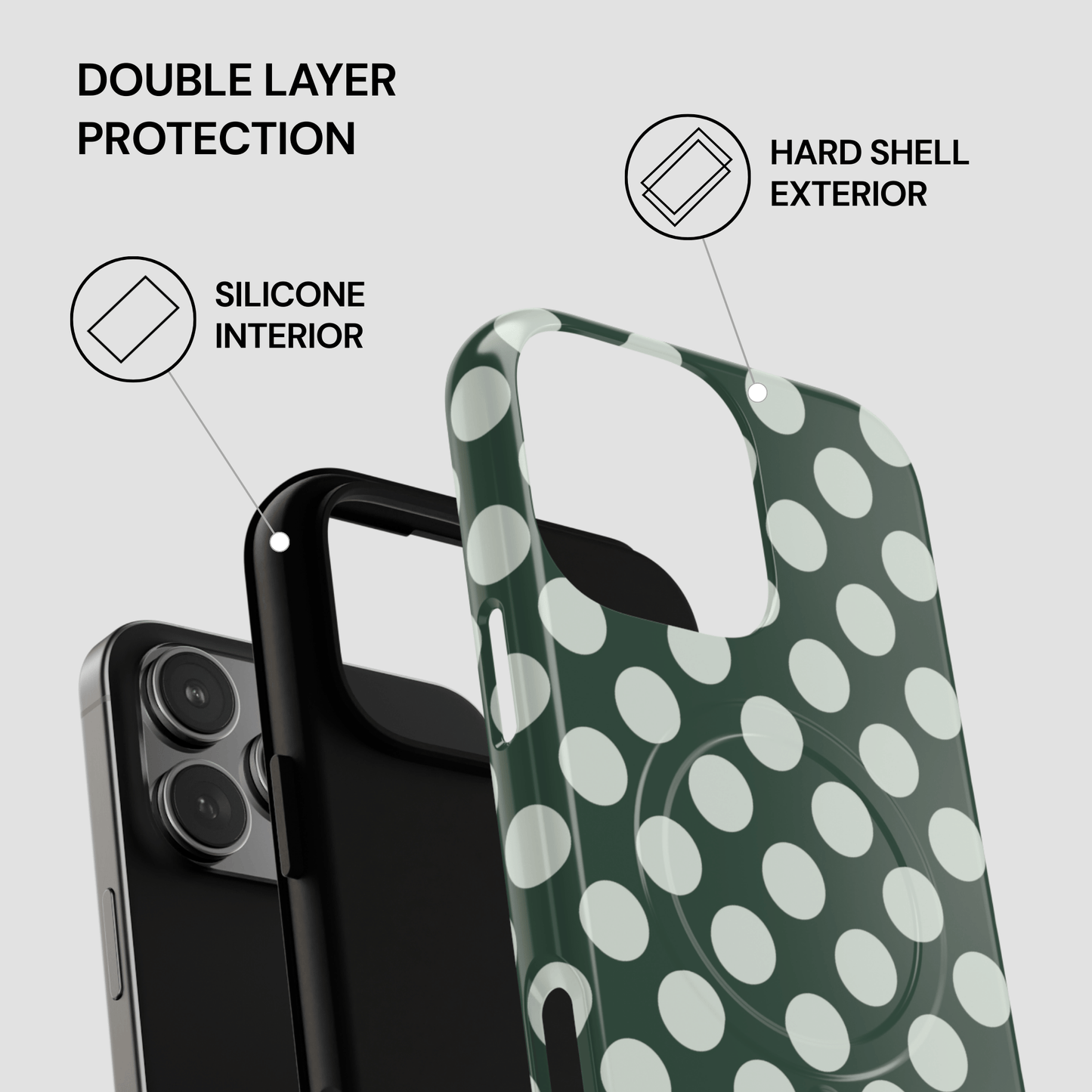 Green phone case with white polka dots and text highlighting double-layer protection on a light gray background.