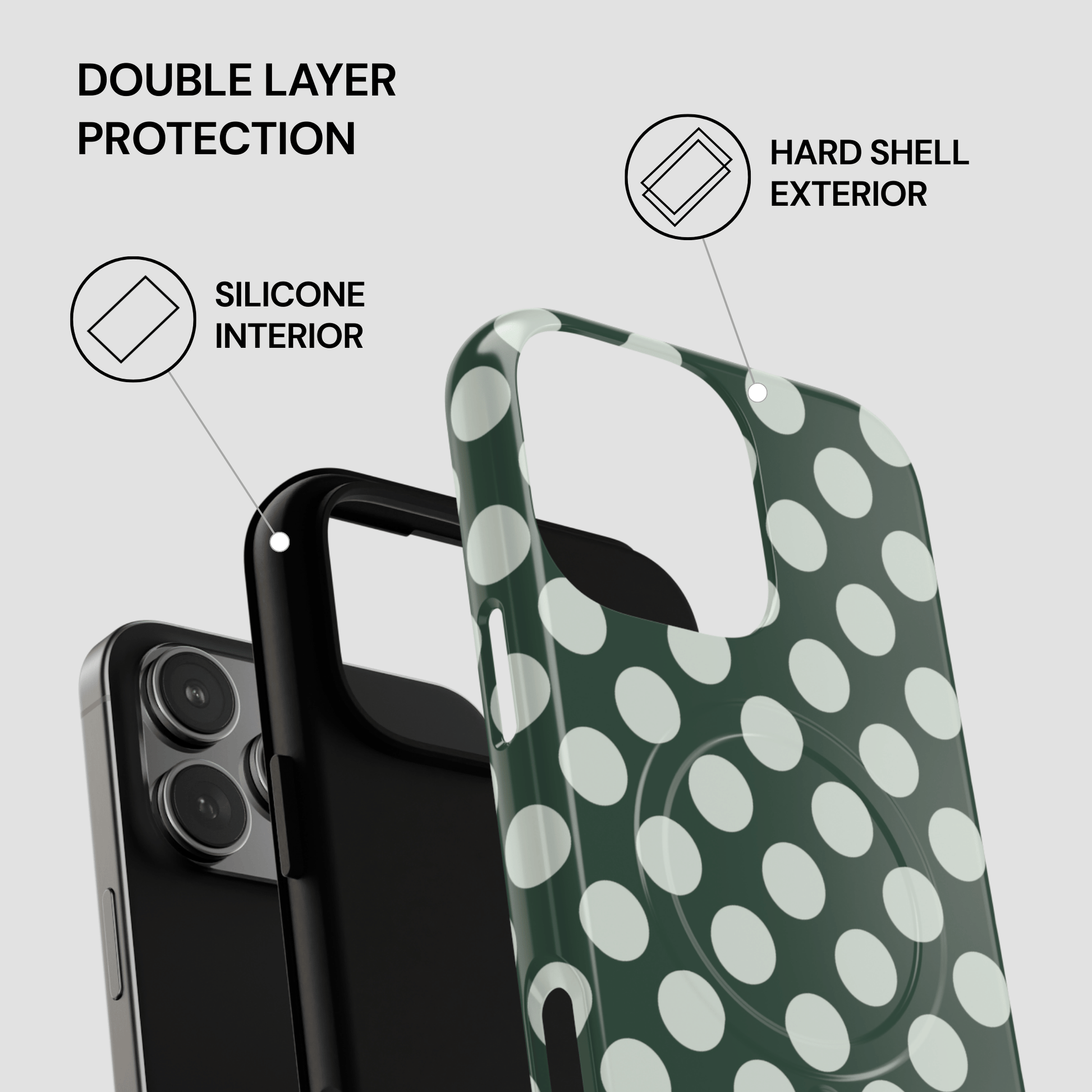 Green phone case with white polka dots and text highlighting double-layer protection on a light gray background.