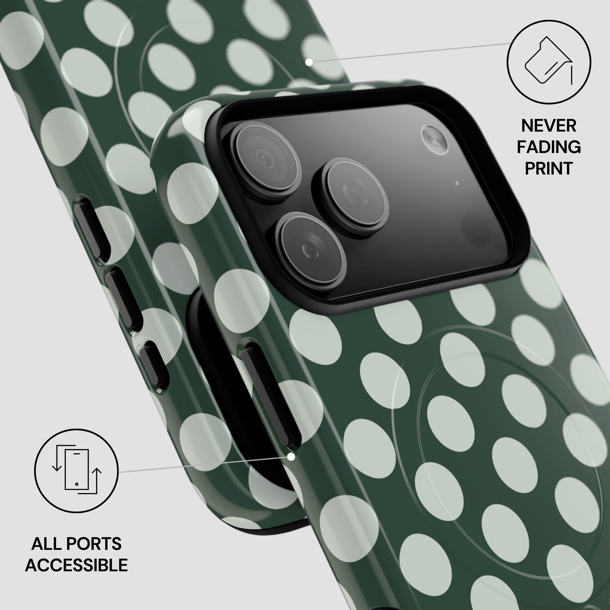 Green phone case with white polka dots and text indicating 'Never Fading Print' and 'All Ports Accessible'.