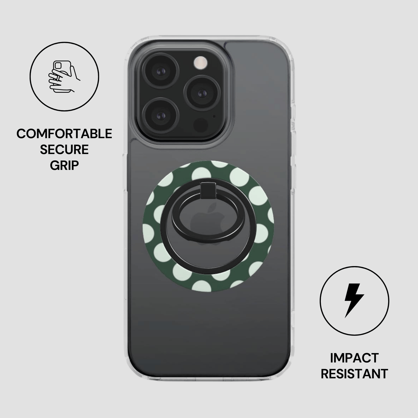 Phone case with a green polka dot design and ring holder on a gray background