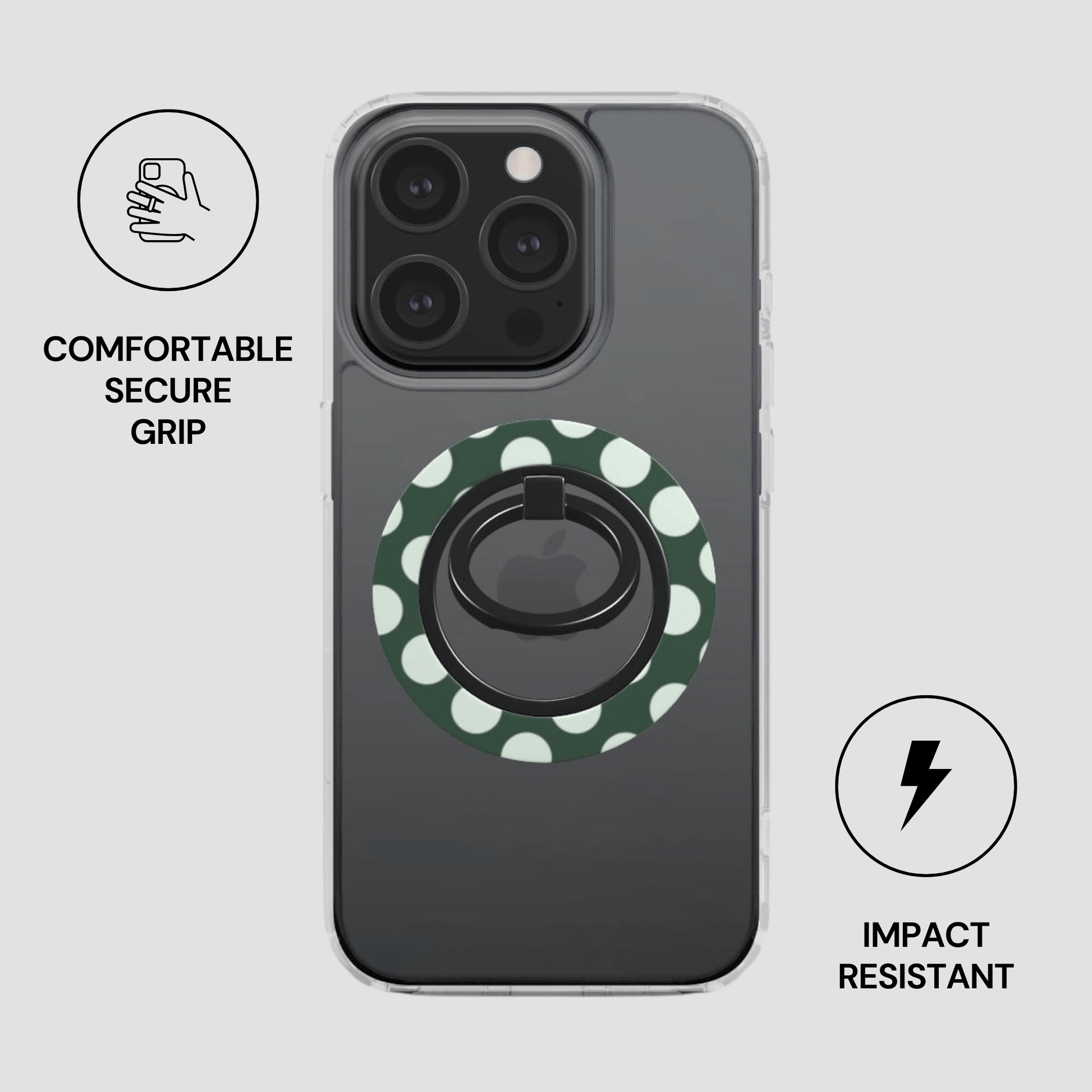 Phone case with a green polka dot design and ring holder on a gray background
