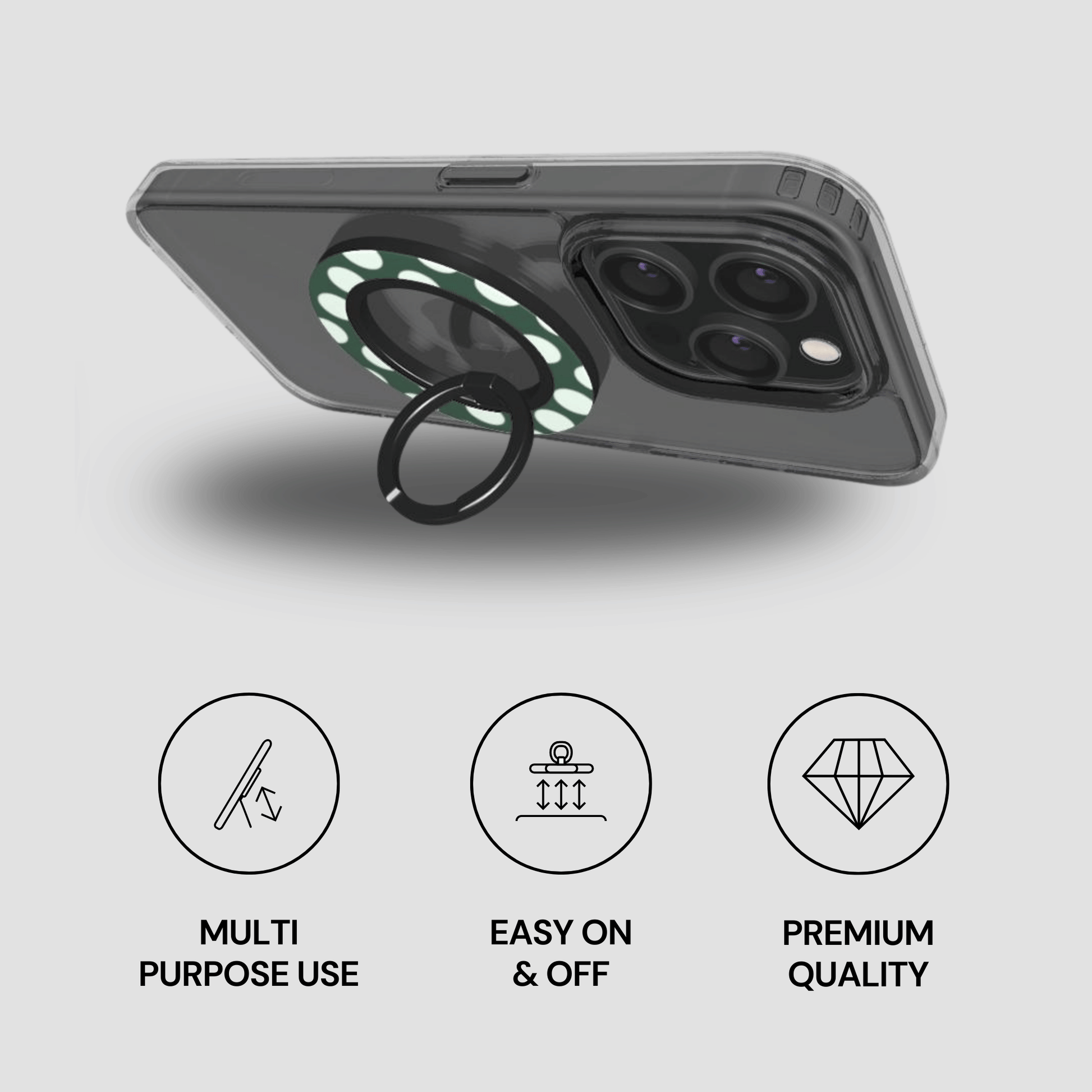 Phone case with ring holder and features on a gray background