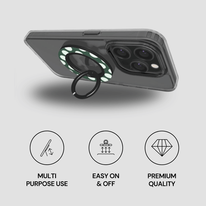Phone case with ring holder and features on a gray background