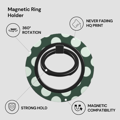 Magnetic ring holder with features listed on a light gray background