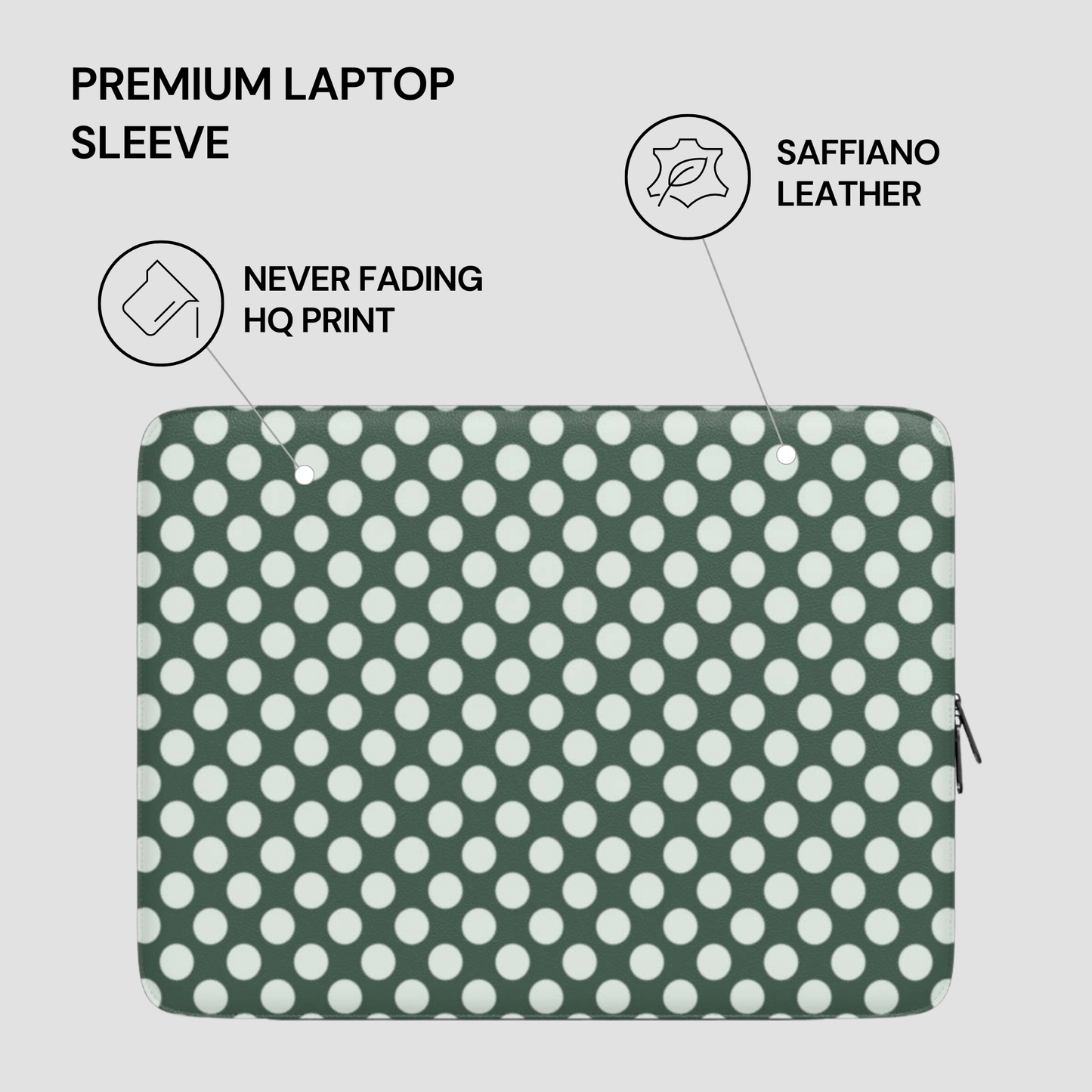 Green laptop sleeve with white polka dots on a light gray background