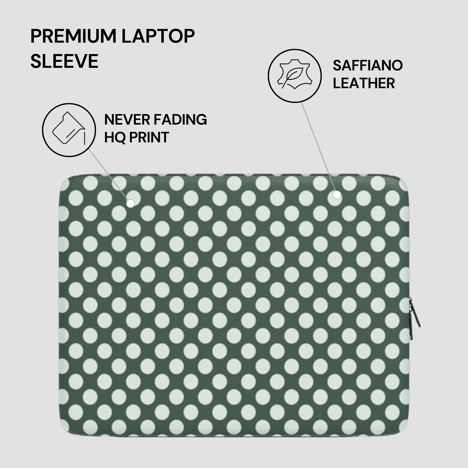 Green laptop sleeve with white polka dots on a light gray background