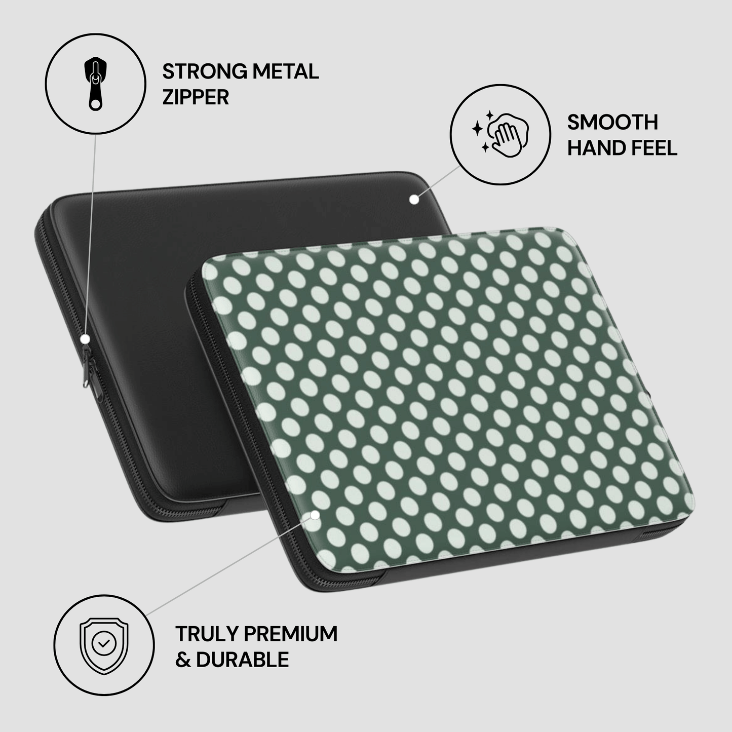 Green polka dot pouch with black zipper on a light gray background, featuring text about features.