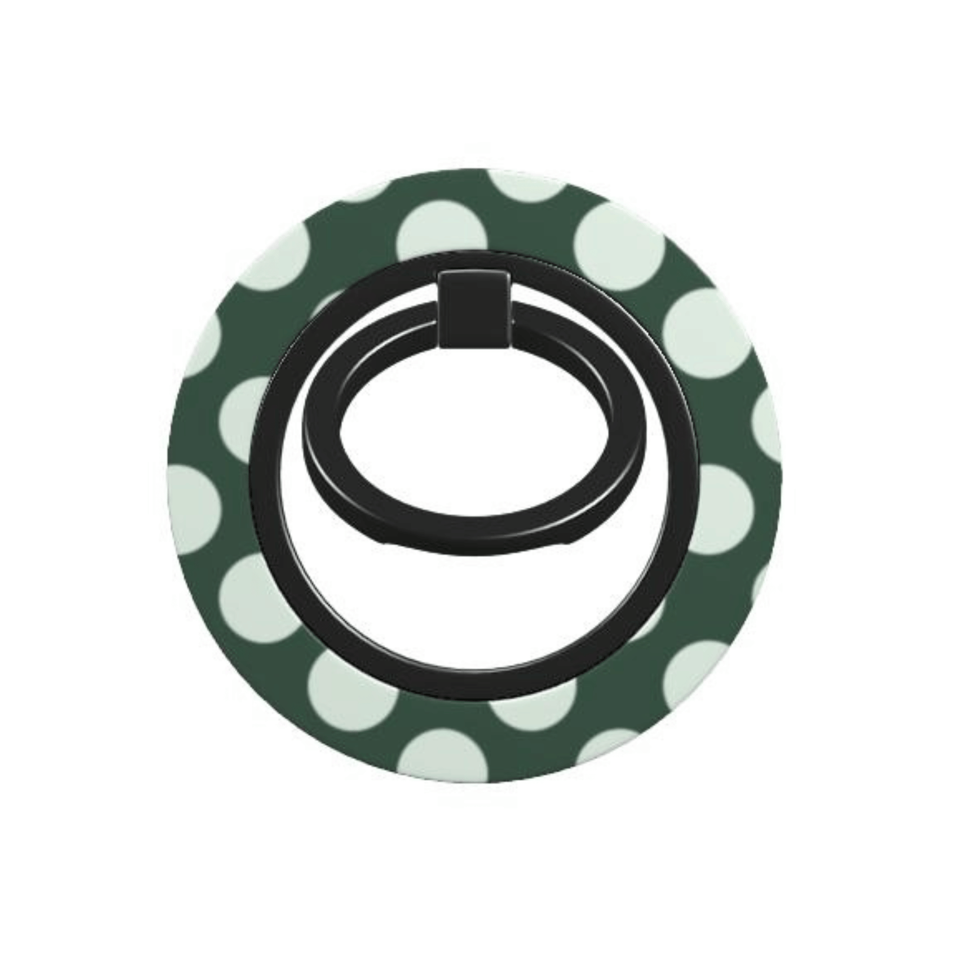 Black phone ring holder on a green and white polka dot background