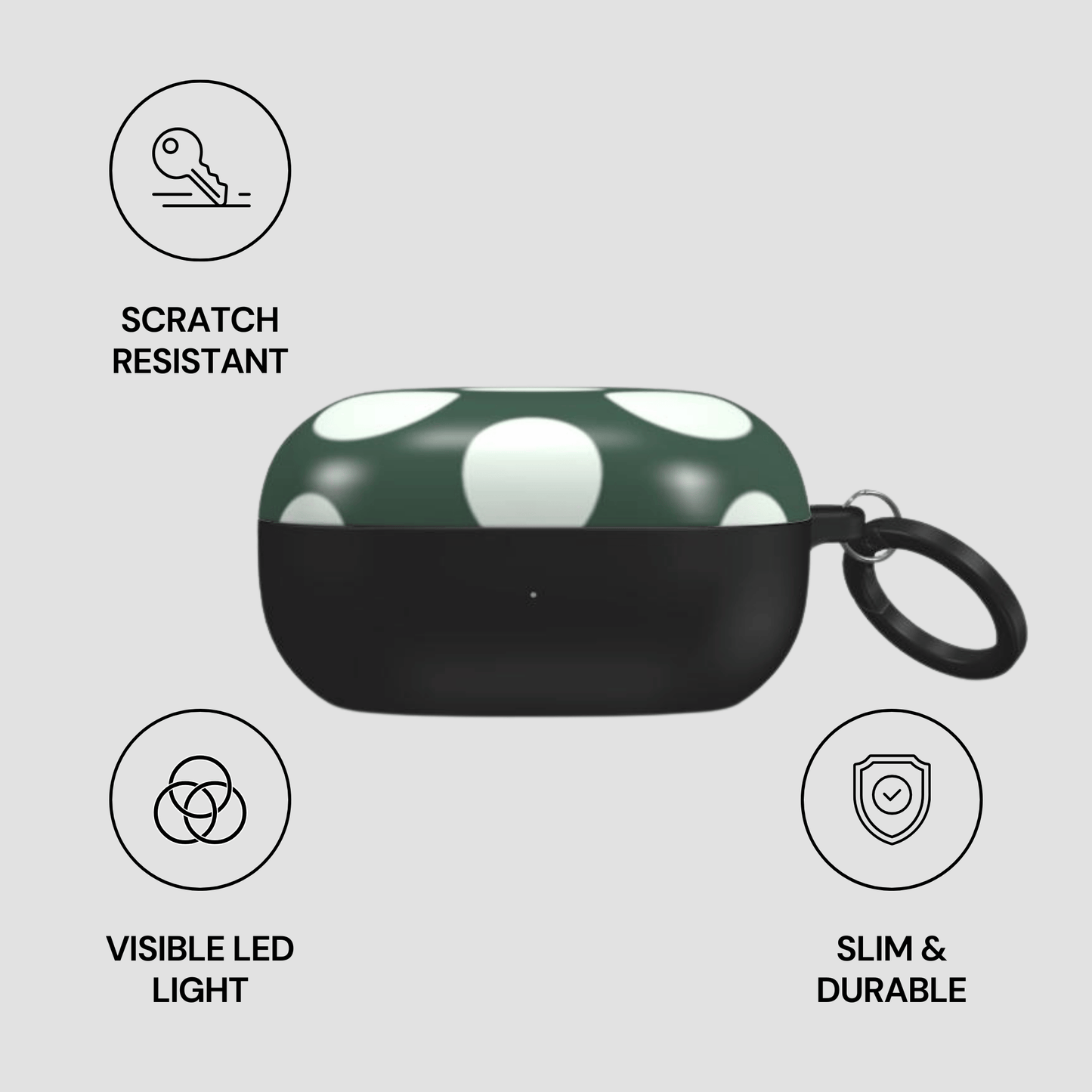 Green and black case with keychain, featuring scratch resistance, visible LED light, slim design, and durability on a gray background.