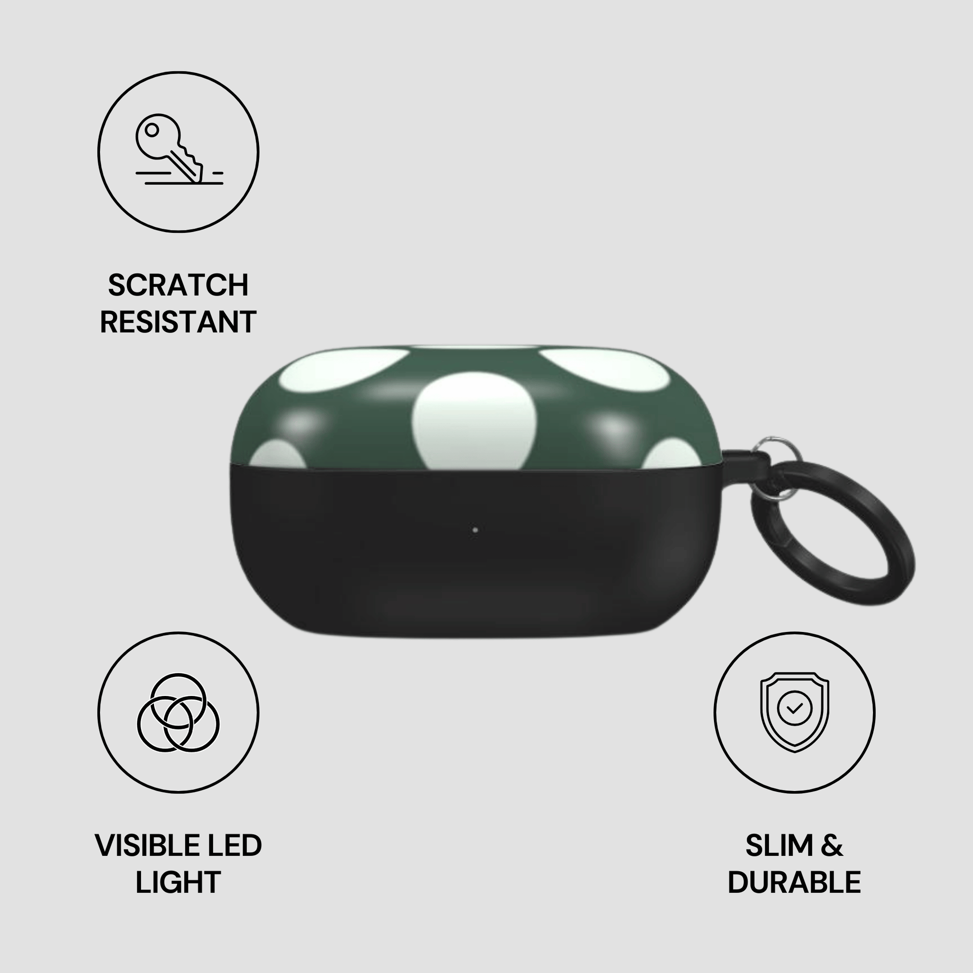 Green and black case with keychain, featuring scratch resistance, visible LED light, slim design, and durability on a gray background.