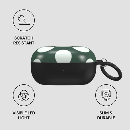 Green and black case with keychain, featuring scratch resistance, visible LED light, slim design, and durability on a gray background.