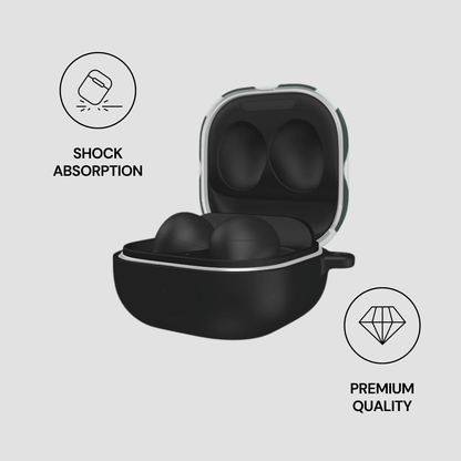 Black earbud case with shock absorption and premium quality icons on a light gray background