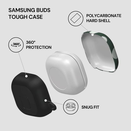 Samsung Buds Tough Case with features highlighted on a light gray background