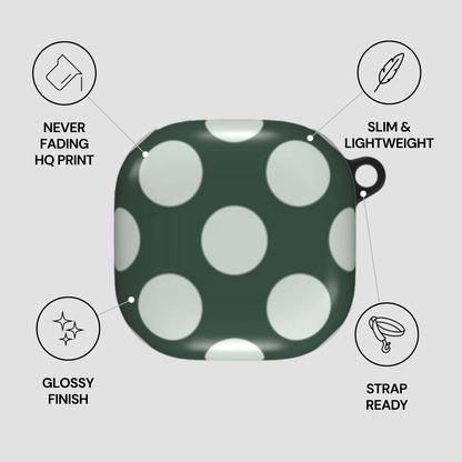 Green polka dot case with features listed on a gray background