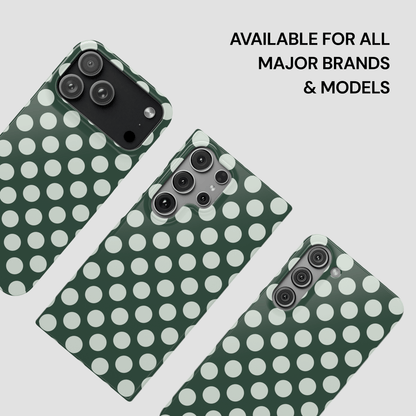 Green polka dot phone cases on a light gray background with text 'Available for all major brands & models'.