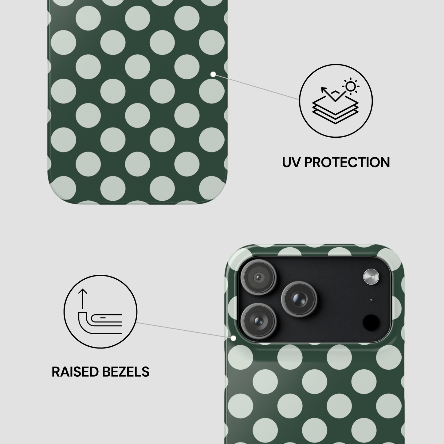 Green phone case with white polka dots featuring UV protection and raised bezels on a light gray background.