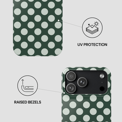 Green phone case with white polka dots featuring UV protection and raised bezels on a light gray background.