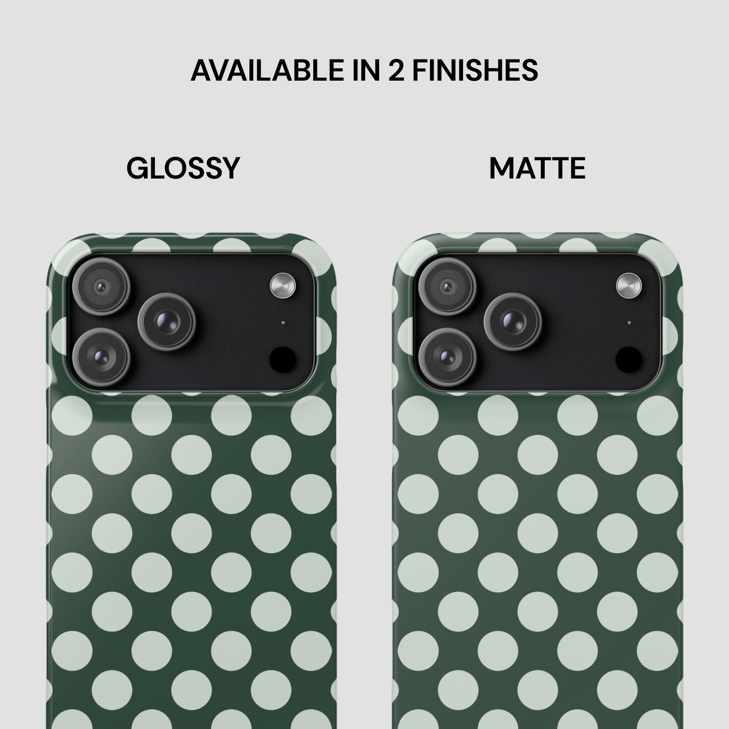 Two phone cases with polka dot pattern, one glossy and one matte, on a white background.