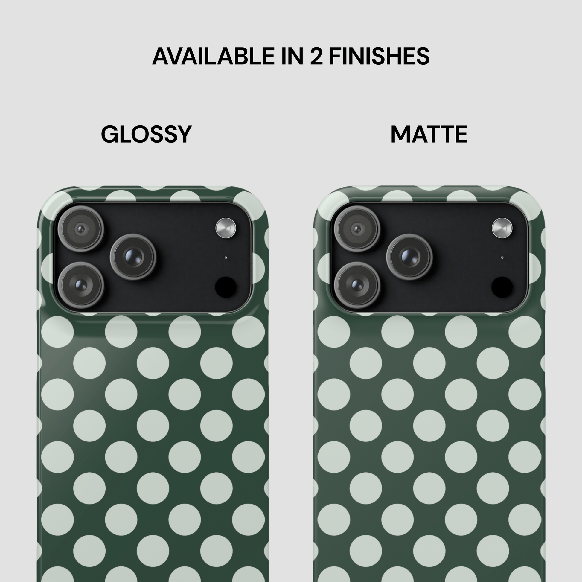 Two phone cases with polka dot pattern, one glossy and one matte, on a white background.