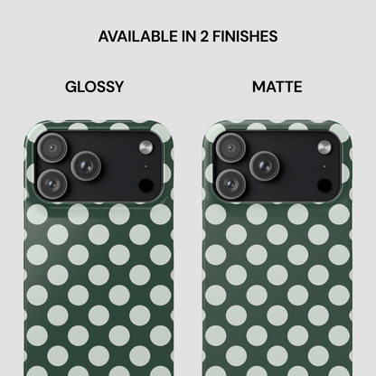 Two phone cases with polka dot pattern, one glossy and one matte, on a white background.