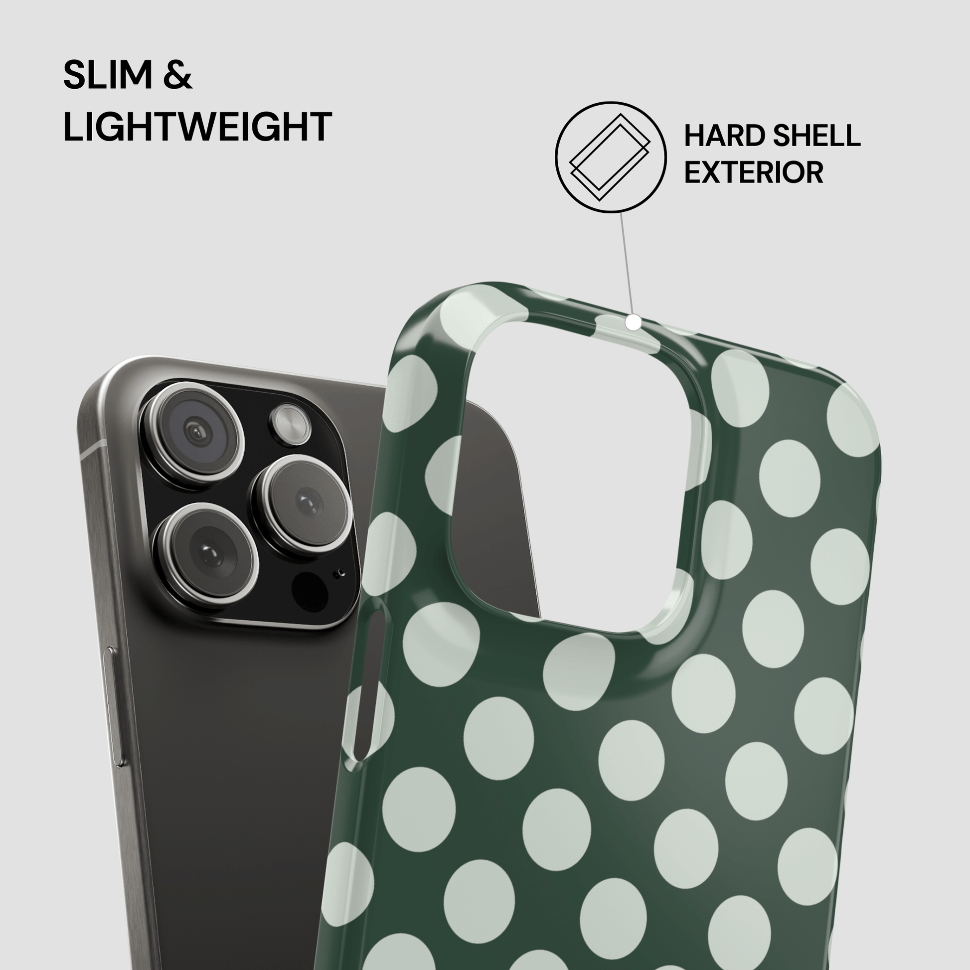 Green phone case with white polka dots and text highlighting features on a gray background