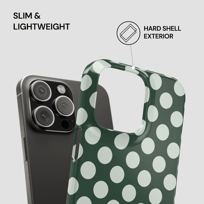 Green phone case with white polka dots and text highlighting features on a gray background
