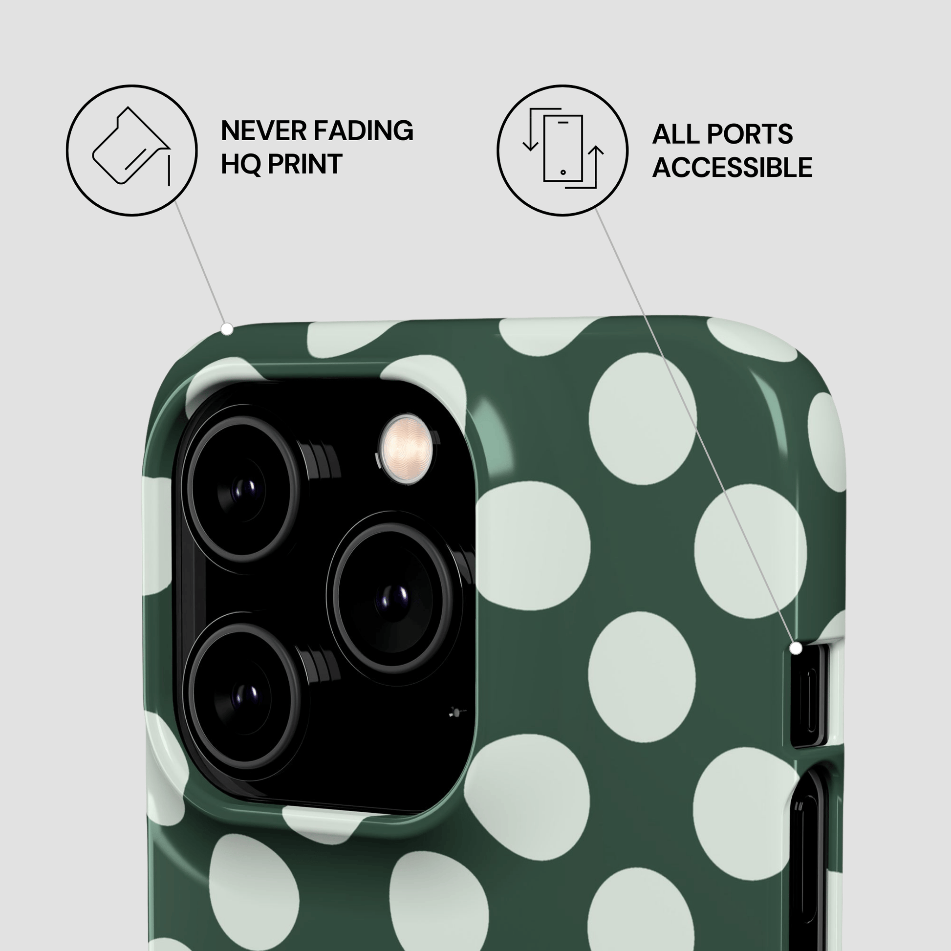 Green phone case with white polka dots on a gray background