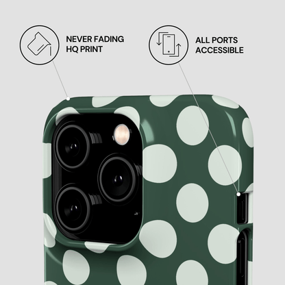 Green phone case with white polka dots on a gray background