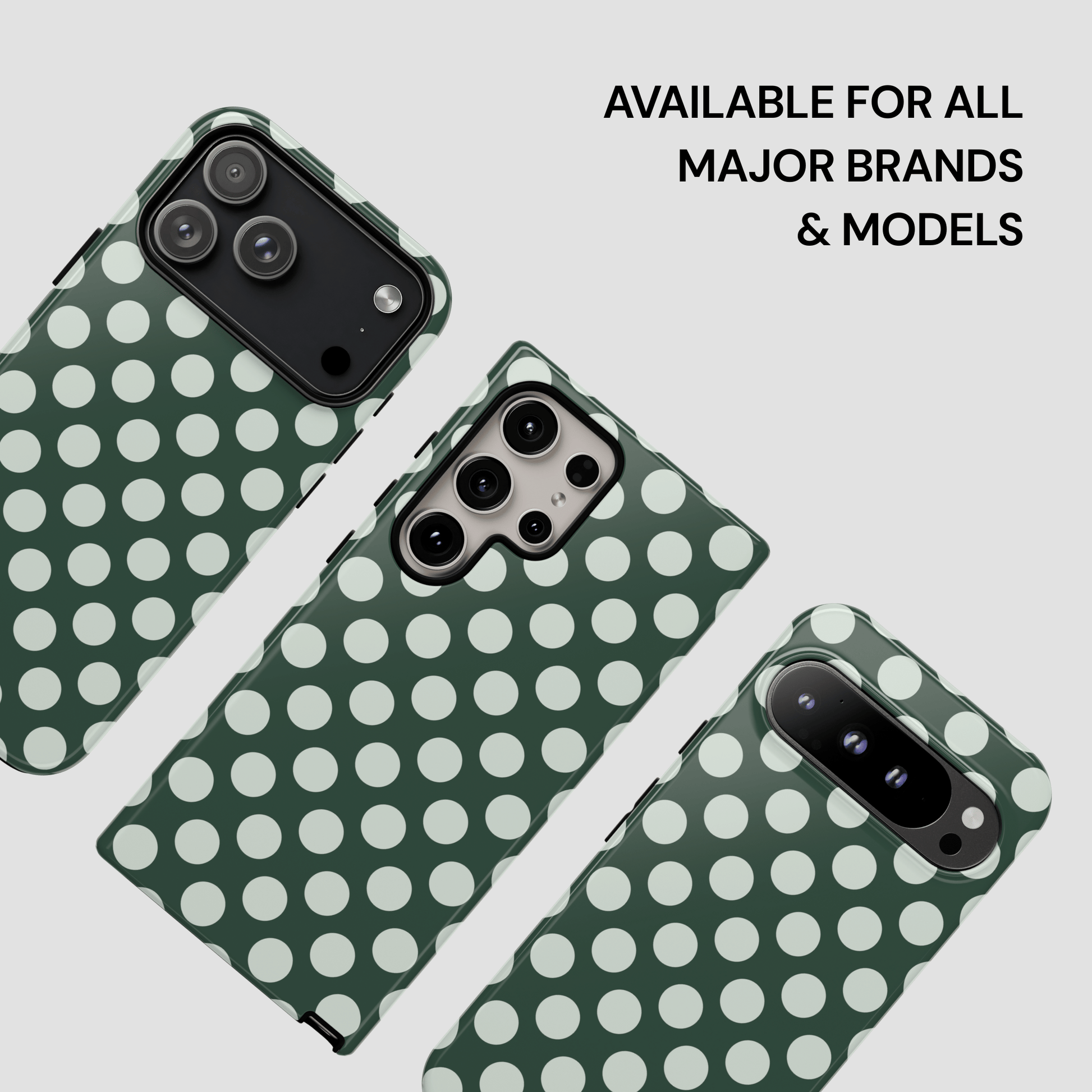 Green phone case with white polka dots on a light gray background