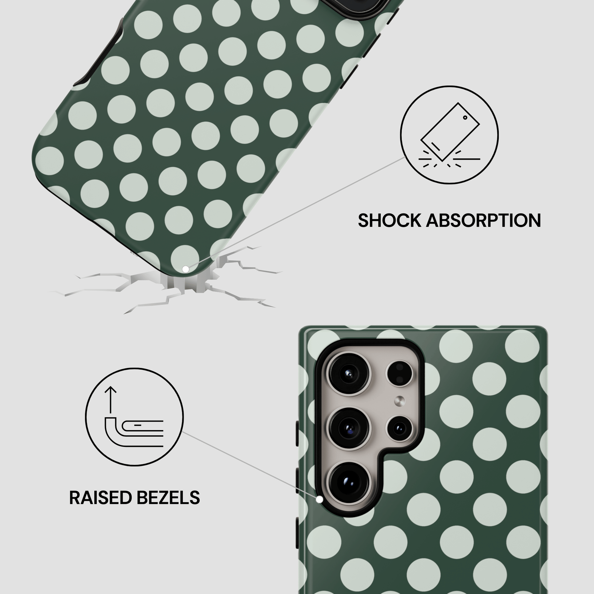Green polka dot phone case with shock absorption and raised bezels features on a white background