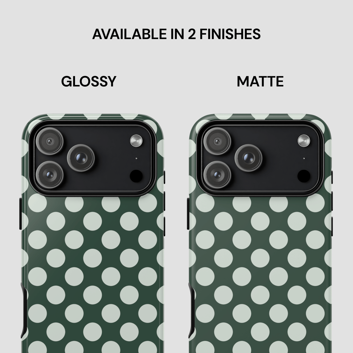 Two phone case designs with polka dot pattern, one glossy and one matte, on a white background.