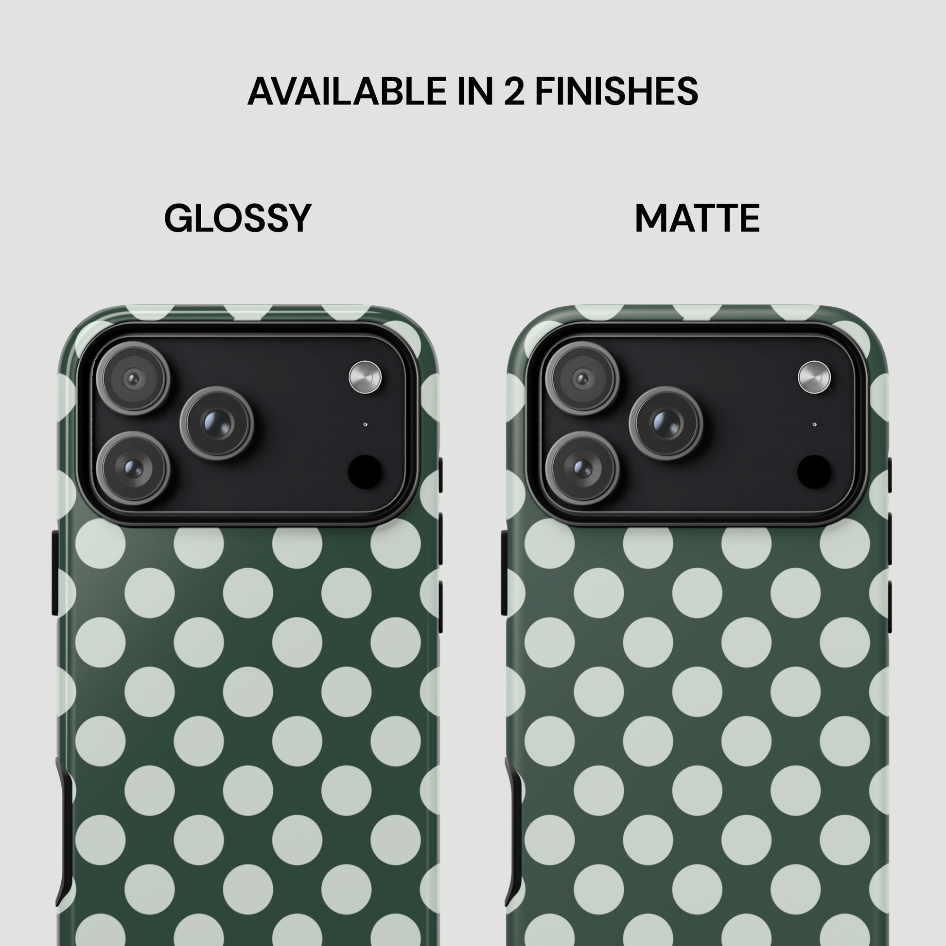 Two phone case designs with polka dot pattern, one glossy and one matte, on a white background.